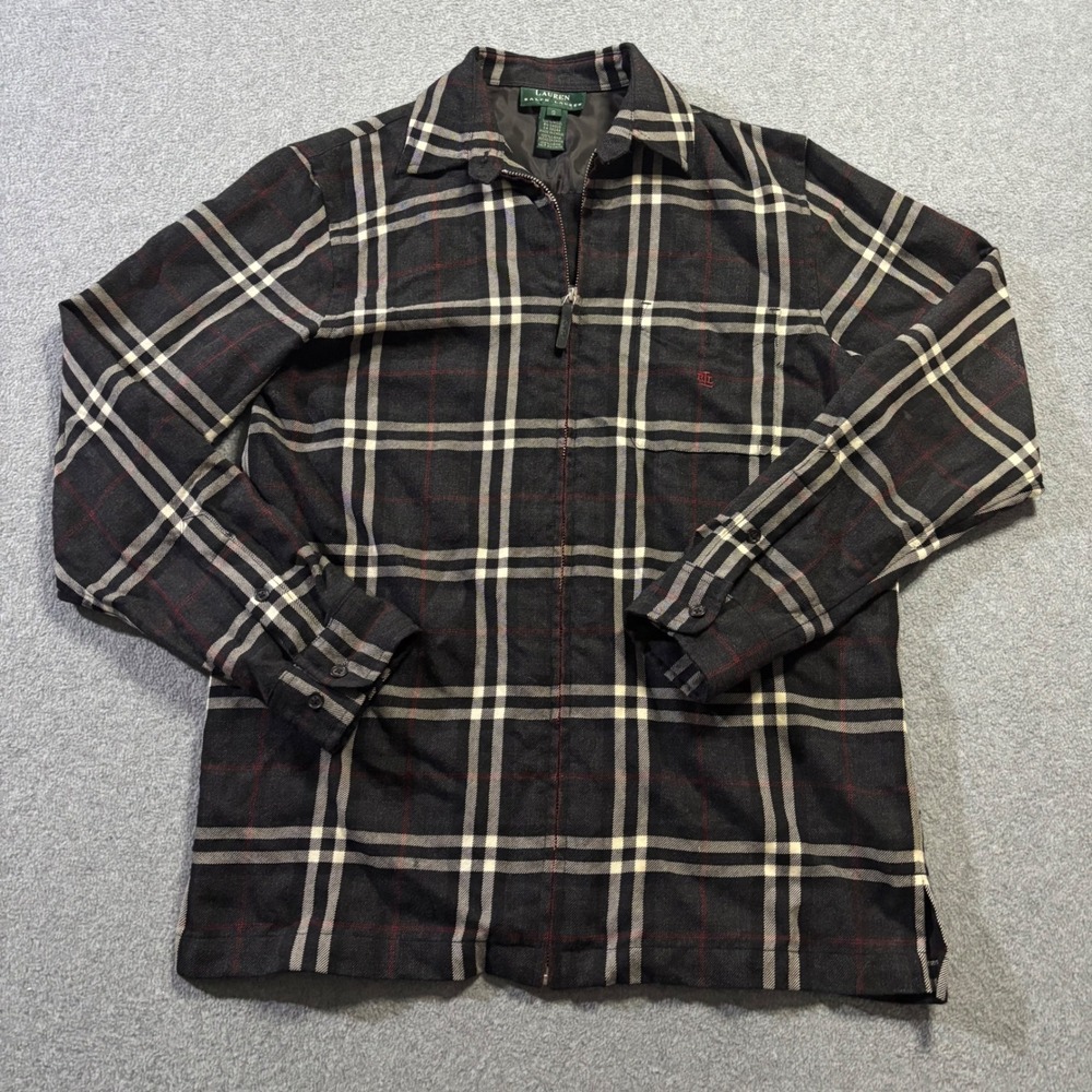 Lauren Ralph Lauren Zip Up Shirt Jacket Women's Small Charcoal Plaid 100% Wool